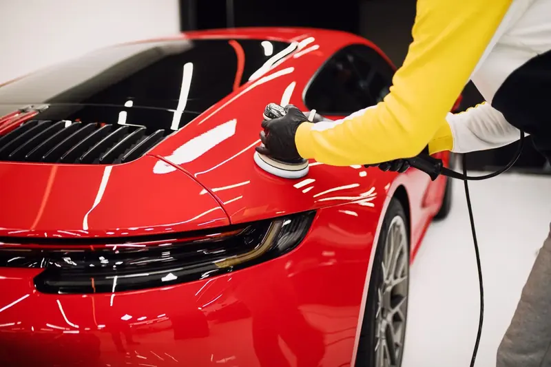 Machine polishing the panel of a red car