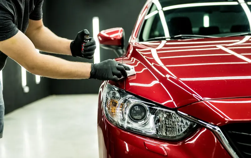 Machine polishing a red car before a coating